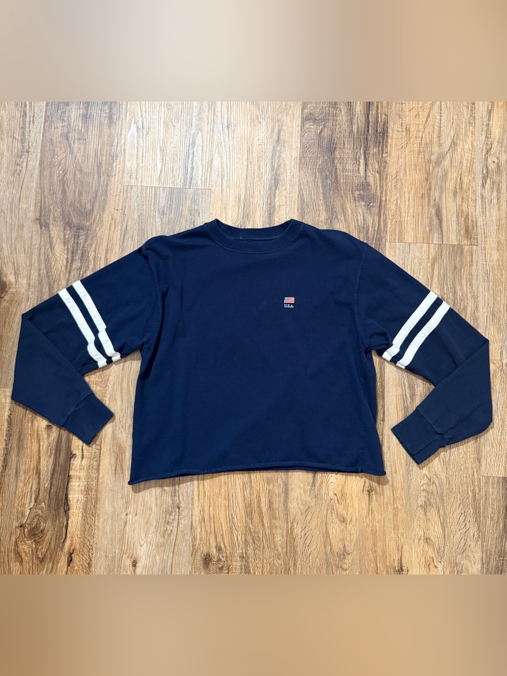 John Galt Navy USA Flag Cropped Long Sleeve Tee One Size